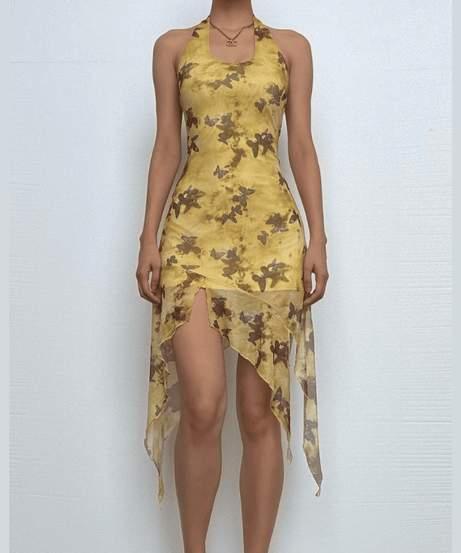 Whimsical Butterfly Halter Midi Dress | Boho Fairycore Asymmetrical Ruffle for Fall Getaways
