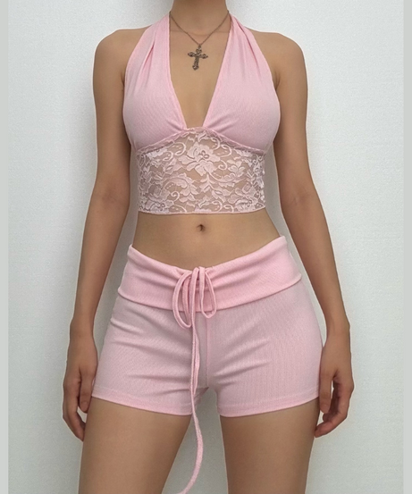 Y2K Dream Pink Ribbed Halter Crop Top & Shorts Lounge Set | Lace Trim