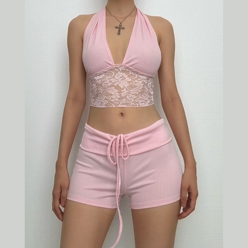 Y2K Dream Pink Ribbed Halter Crop Top & Shorts Lounge Set | Lace Trim