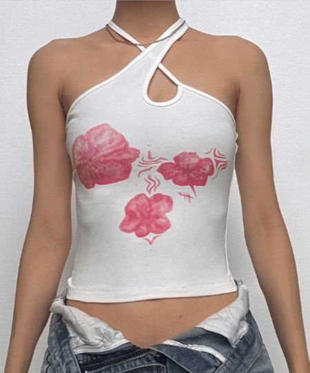 Chic Pink Floral Halter Crop Top – Trendy Cutout Tank for Resort & Late Summer Vibes