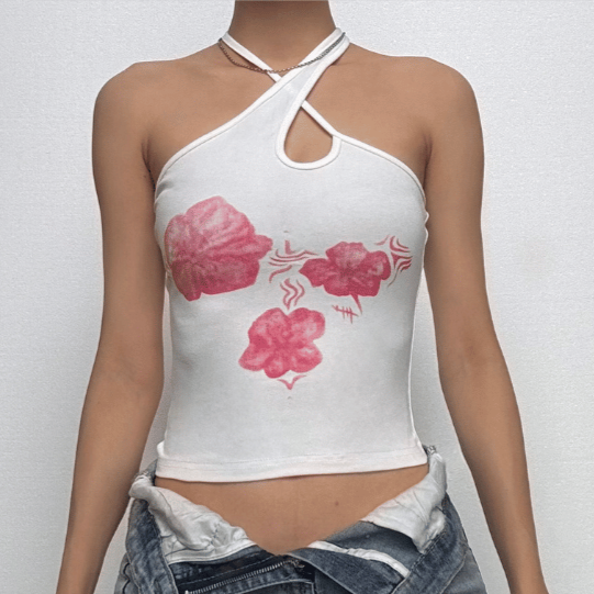 Chic Pink Floral Halter Crop Top – Trendy Cutout Tank for Resort & Late Summer Vibes