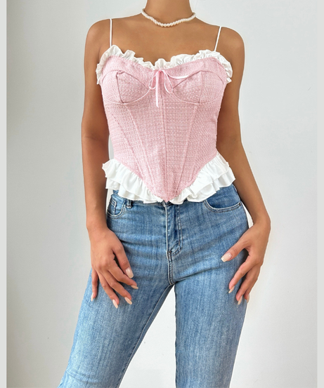 Flirty Pink Tweed Ruffle Corset Cami Top | Chic Autumn Date Night & Holiday Style