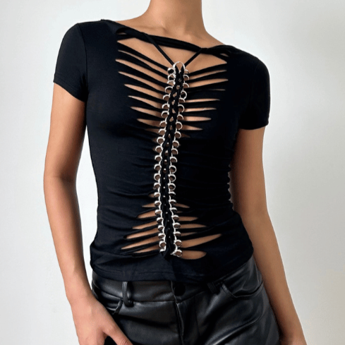 Edgy Y2K Goth O-Ring Chain Cut Out Top - Perfect for Halloween, Fall Parties & Club Nights