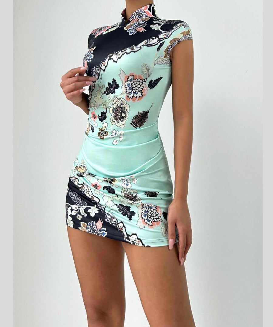 Chic Floral Contrast Mock Neck Mini Dress - Ruched Bodycon for Fall Parties & Nights Out