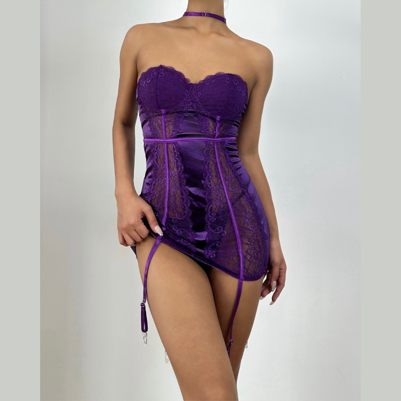 Enchanting Plum Nights Strapless Satin & Lace Babydoll with Garters