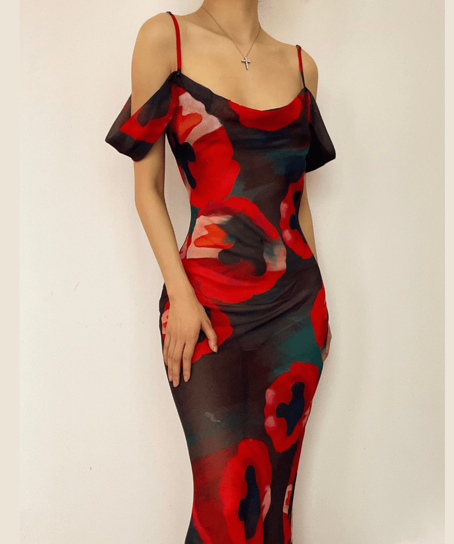 The 'Obsidian Poppy' Sheer Maxi Dress - Off-Shoulder Glamour for Fall & Holiday Events