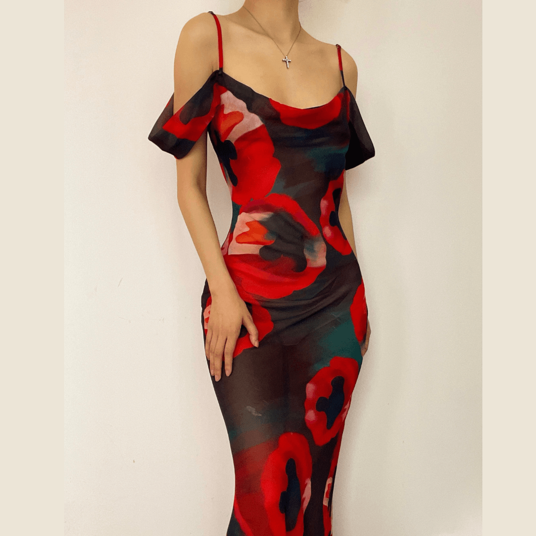 The 'Obsidian Poppy' Sheer Maxi Dress - Off-Shoulder Glamour for Fall & Holiday Events