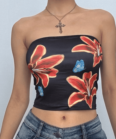 Tropical Bloom & Butterfly Strapless Crop Top - Chic Fall Layering & Party Essential