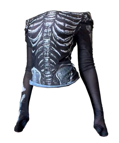 Spooky Chic Skeleton Rib Cage Mesh Off-Shoulder Top - Trendy Halloween & Goth Long Sleeve