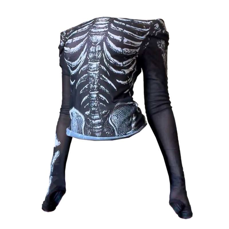 Spooky Chic Skeleton Rib Cage Mesh Off-Shoulder Top - Trendy Halloween & Goth Long Sleeve
