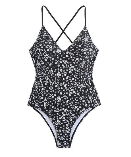 Flattering Black & White Ditsy Floral V-Neck Cross Back One Piece Swimsuit - Your Chic Resort & Vacation Essential