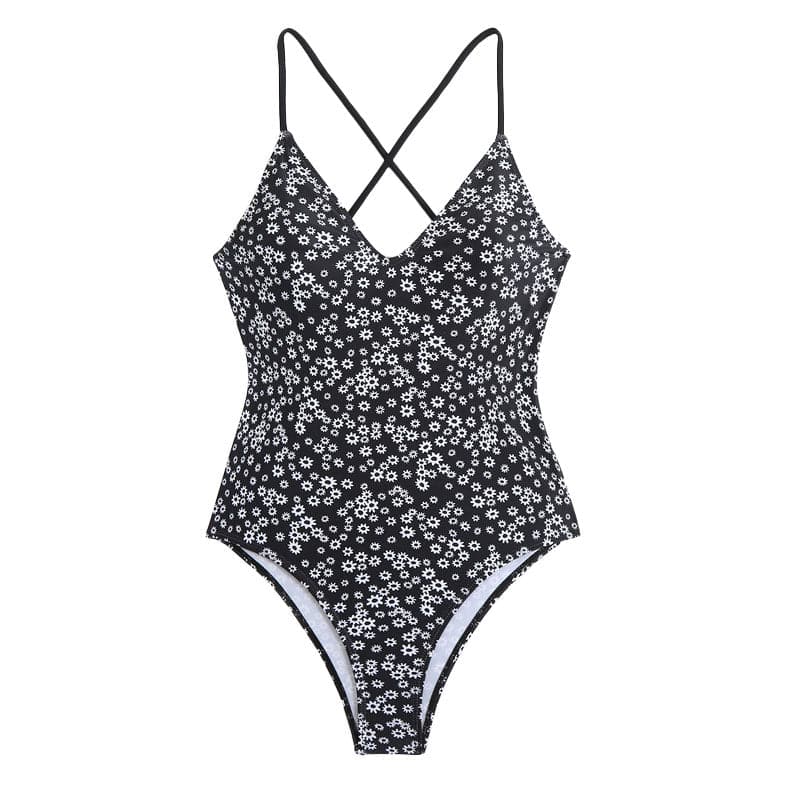 Flattering Black & White Ditsy Floral V-Neck Cross Back One Piece Swimsuit - Your Chic Resort & Vacation Essential
