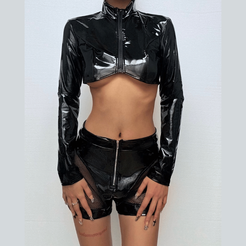 Sultry Wet Look Patent Leather Cropped Set - Edgy Clubwear & Halloween Ready