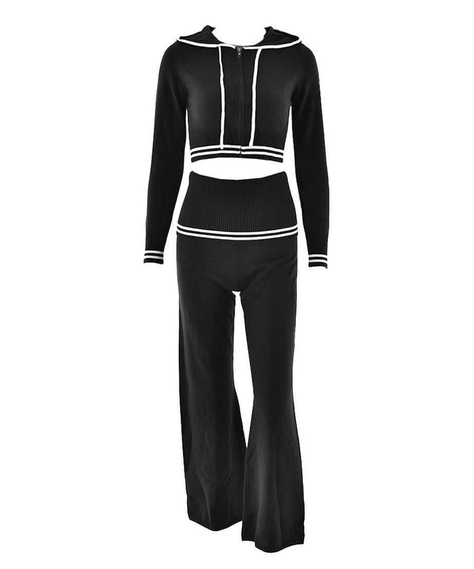 Autumn Luxe: Sailor Chic Knit Crop Hoodie & Flare Pant Set
