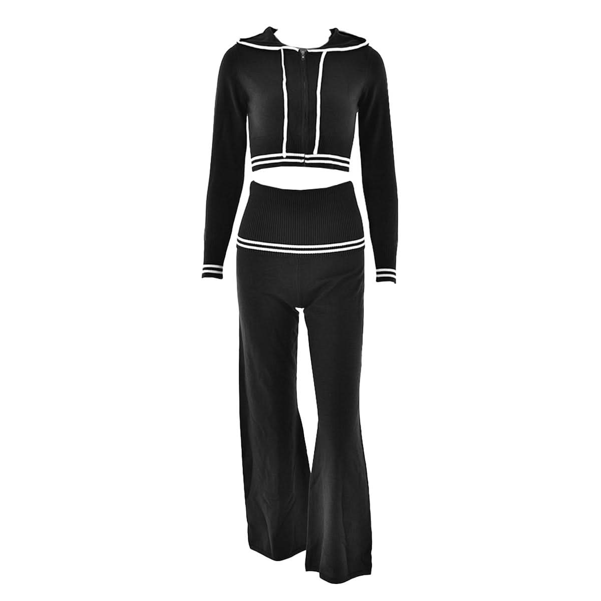 Autumn Luxe: Sailor Chic Knit Crop Hoodie & Flare Pant Set