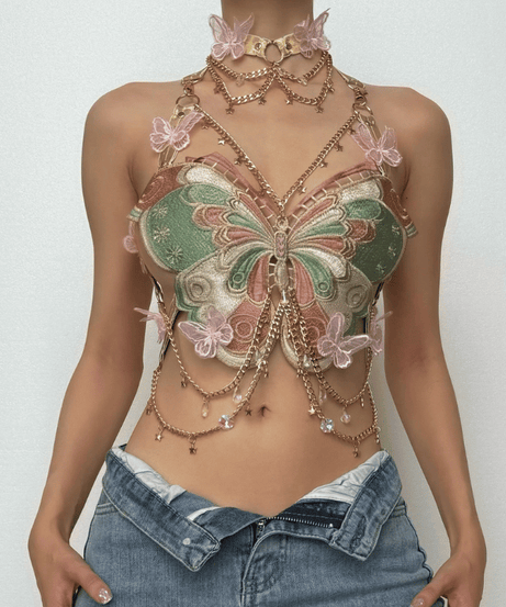 Enchanted Butterfly Halter Top & Body Chain with Choker | Festival Rave & Halloween Statement Piece