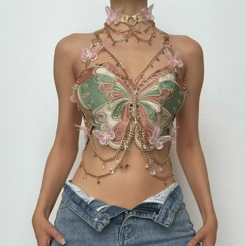 Enchanted Butterfly Halter Top & Body Chain with Choker | Festival Rave & Halloween Statement Piece