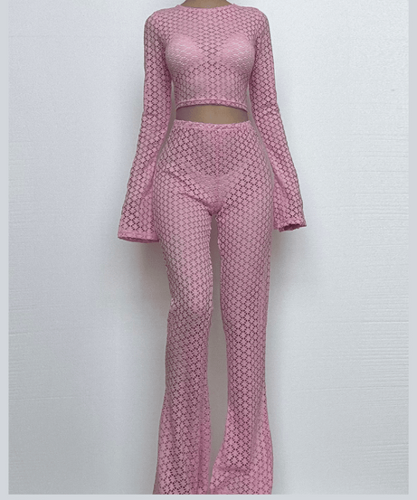 Radiant Bloom Crochet Knit Crop Top & Flared Pants Set - Your Chic Winter Escape Essential