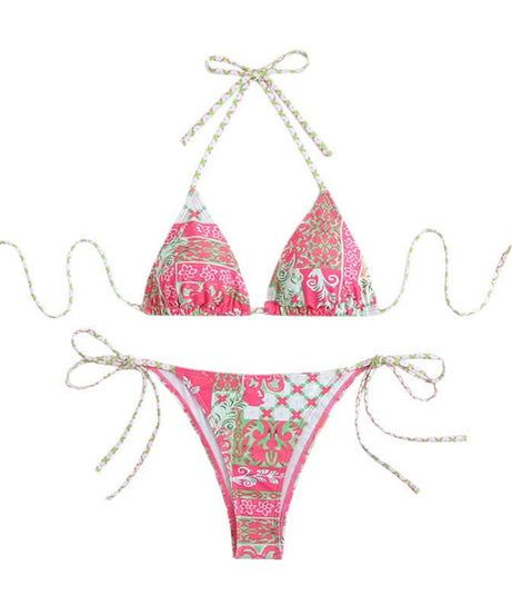 Flattering Bohemian Pink & Green Halter Bikini Set – Your Chic Resort & Vacation Essential