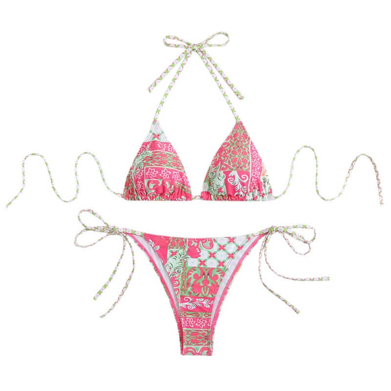 Flattering Bohemian Pink & Green Halter Bikini Set – Your Chic Resort & Vacation Essential