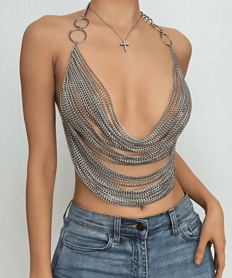 Dazzling Silver Chainmail Halter Top - Edgy Party, Halloween & NYE Statement Crop