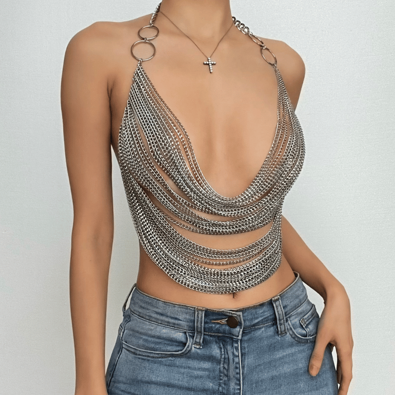 Dazzling Silver Chainmail Halter Top - Edgy Party, Halloween & NYE Statement Crop