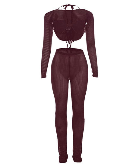 Fall Getaway Essential: Sheer Ribbed Knit Halter Crop Top & High-Waist Leggings Set - Resort & Festival Ready