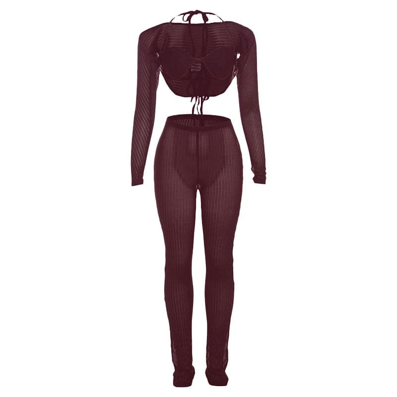 Fall Getaway Essential: Sheer Ribbed Knit Halter Crop Top & High-Waist Leggings Set - Resort & Festival Ready
