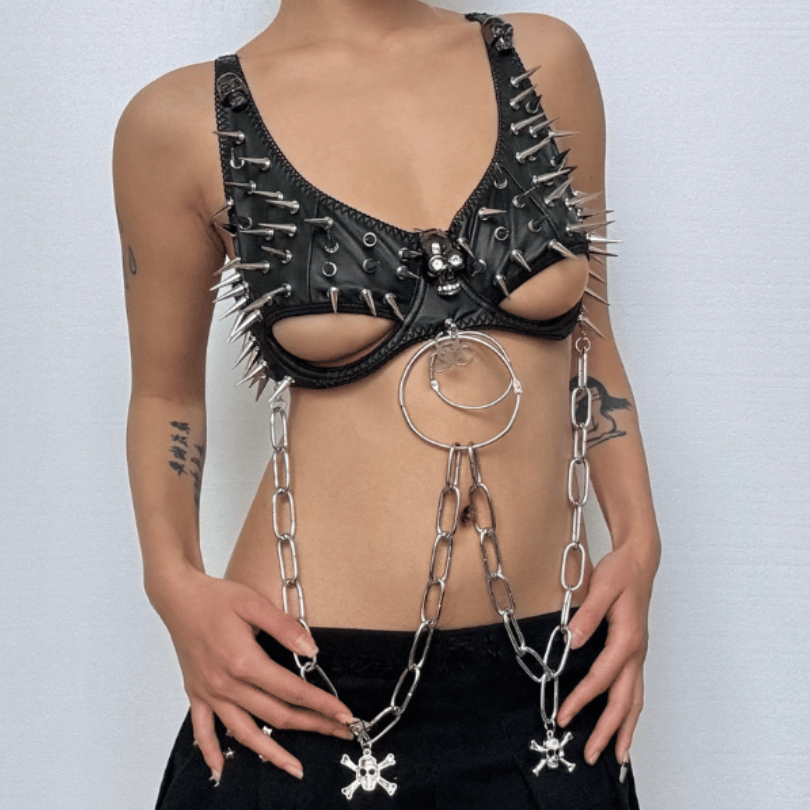 Unleash Your Dark Siren: Spiked & Chained Gothic Lingerie Set - Halloween & Festival Ready