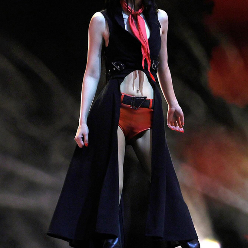 Edgy Inferno Duster Vest: Black Buckle Cut-Out Statement Piece for Fall & Halloween