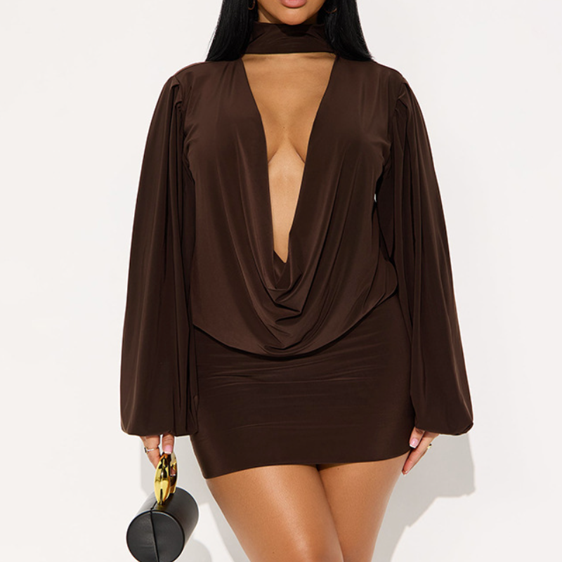 Chic Black Mock Neck Deep V Mini Dress | Long Sleeve Holiday Party & Date Night Essential