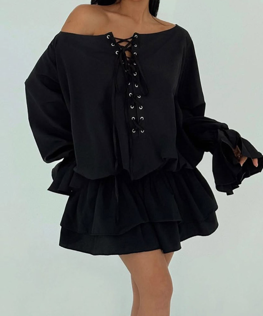 Effortless Fall Chic: Off-Shoulder Lace-Up Mini Dress with Statement Flared Sleeves