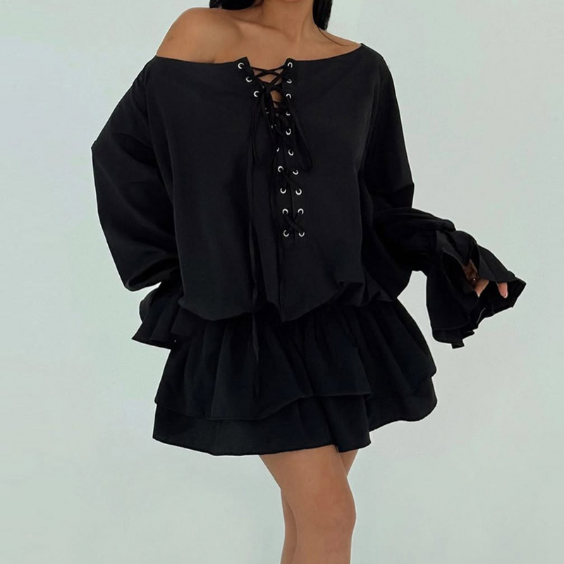 Effortless Fall Chic: Off-Shoulder Lace-Up Mini Dress with Statement Flared Sleeves