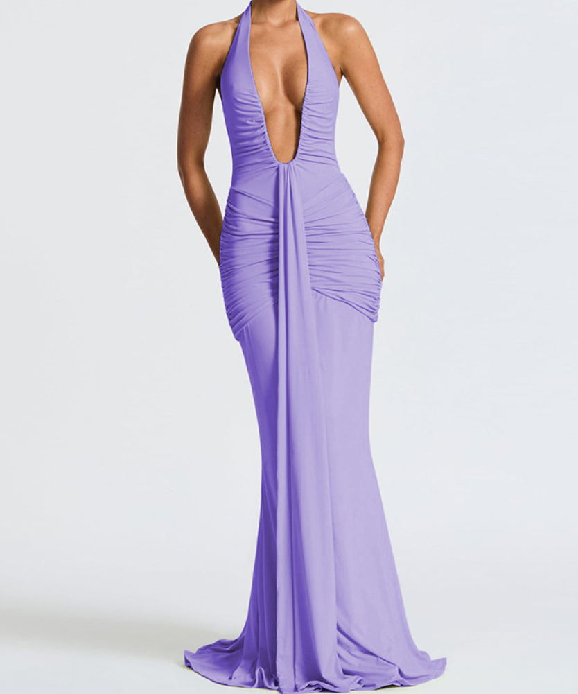 Timeless Black Halter Deep V Ruched Maxi Gown | Fall Gala & Holiday Party Glamour