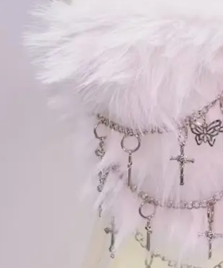 Gothic Glam Fluffy Tube Top | Edgy Cross & Heart Chain Bustier for Halloween & Fall Nights