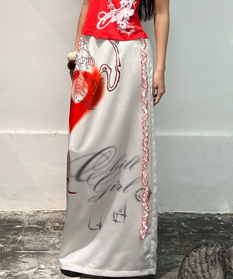 "Chill Girl" Y2K Graphic Maxi Skirt | Trendy Fall Streetwear for Women