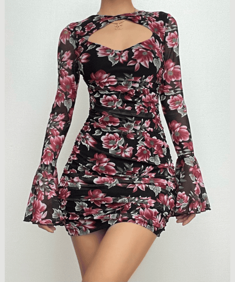 Enchanting Fall Floral Keyhole Mini Dress with Bell Sleeves & Ruching