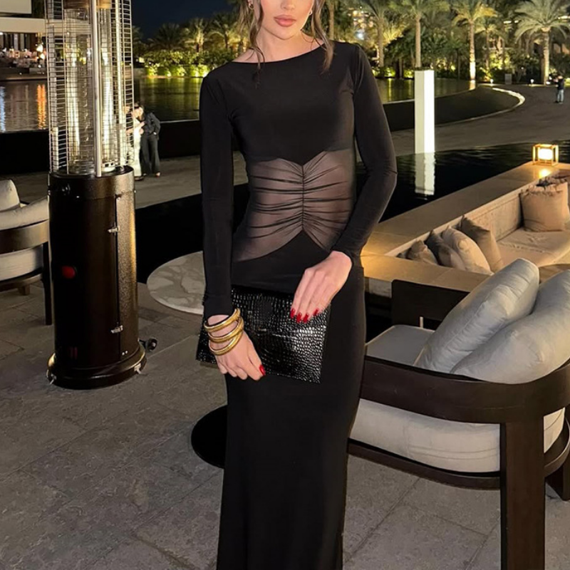 The Enchanting Black Ruched Mesh Maxi Dress - Your Fall & Holiday Event Staple