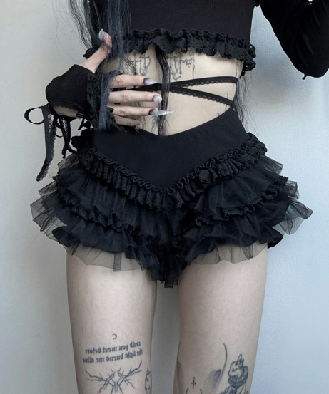 Midnight Ruffle Tulle Shorts - Gothic Lace & Halloween Ready Bloomers