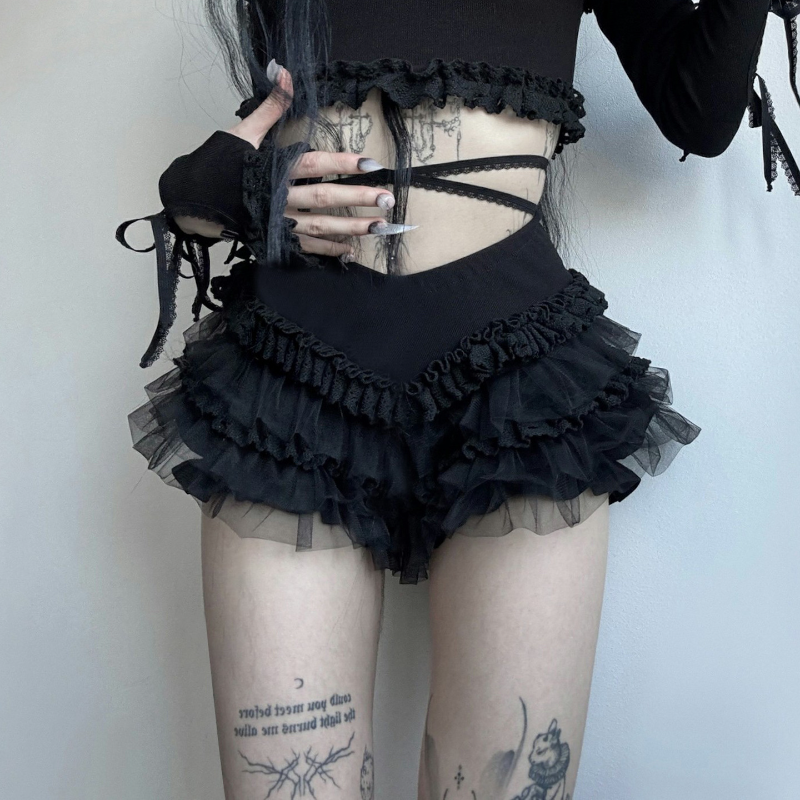 Midnight Ruffle Tulle Shorts - Gothic Lace & Halloween Ready Bloomers