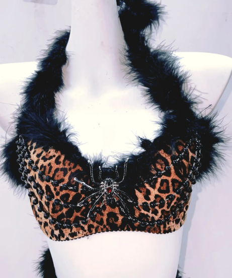 Fierce Leopard Spider Fluffy Halter Mini Skirt Set - Spooky Chic Halloween & Party Ready