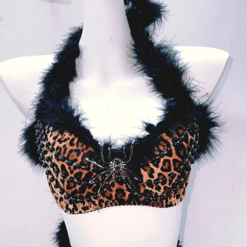 Fierce Leopard Spider Fluffy Halter Mini Skirt Set - Spooky Chic Halloween & Party Ready
