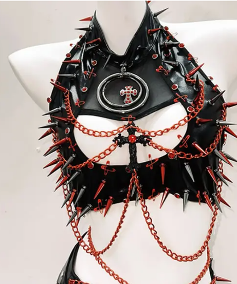 Dare to Thrill: Spiked Faux Leather Halter Top & Mini Skirt Set - Ultimate Halloween & Clubwear