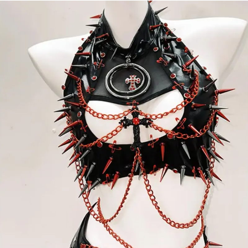 Dare to Thrill: Spiked Faux Leather Halter Top & Mini Skirt Set - Ultimate Halloween & Clubwear