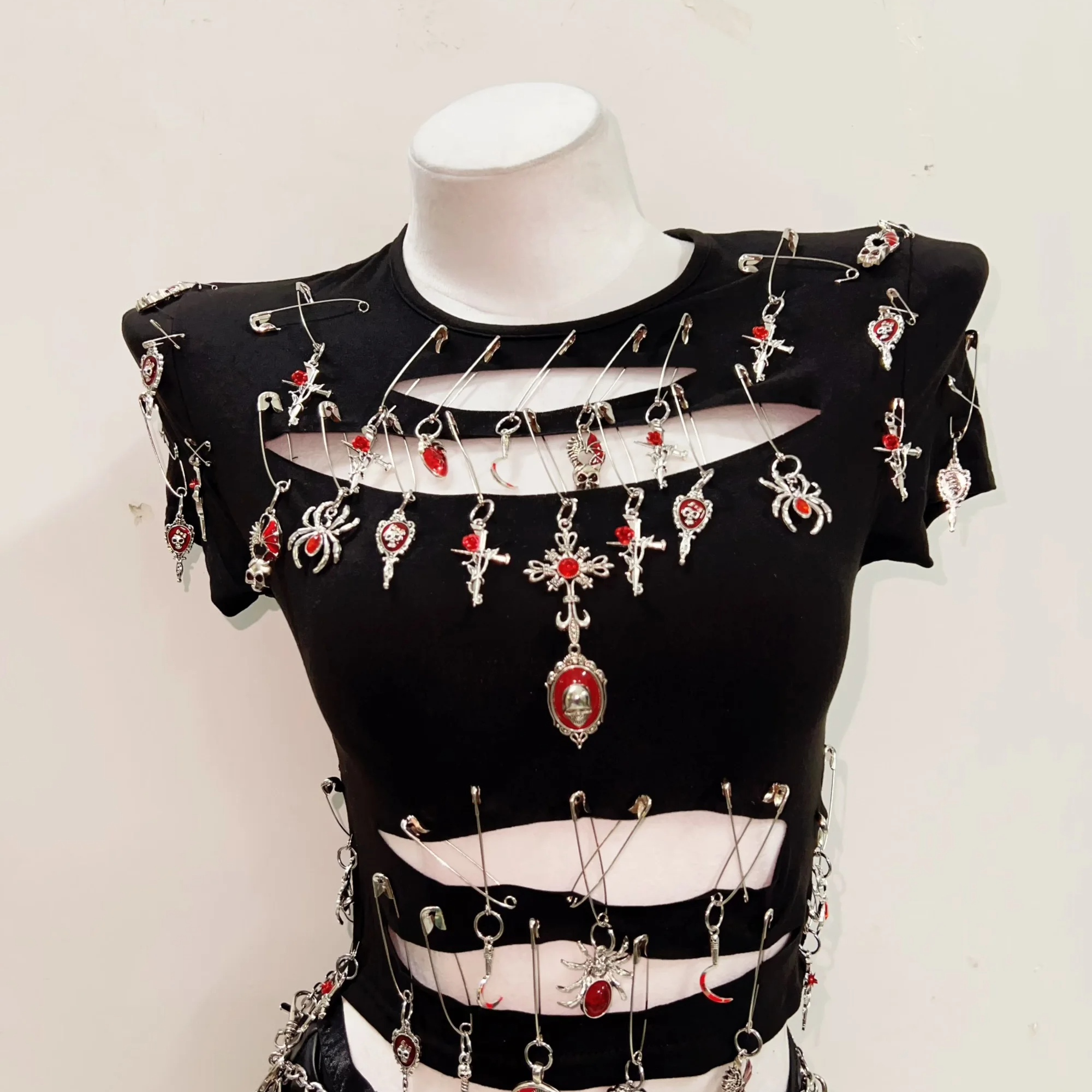 Gothic Punk Safety Pin Cut-Out Top | Edgy Charm Tee for Halloween & Fall