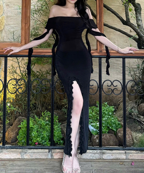 Allure Black Off-Shoulder Ruffle Slit Maxi Dress - Fall & Holiday Party Glamour