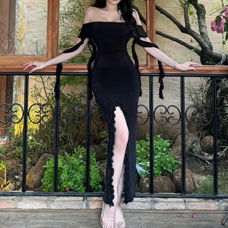 Allure Black Off-Shoulder Ruffle Slit Maxi Dress - Fall & Holiday Party Glamour