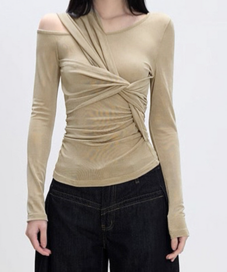 Fall Nights Out: Chic One-Shoulder Twist Front Ruched Long Sleeve Top