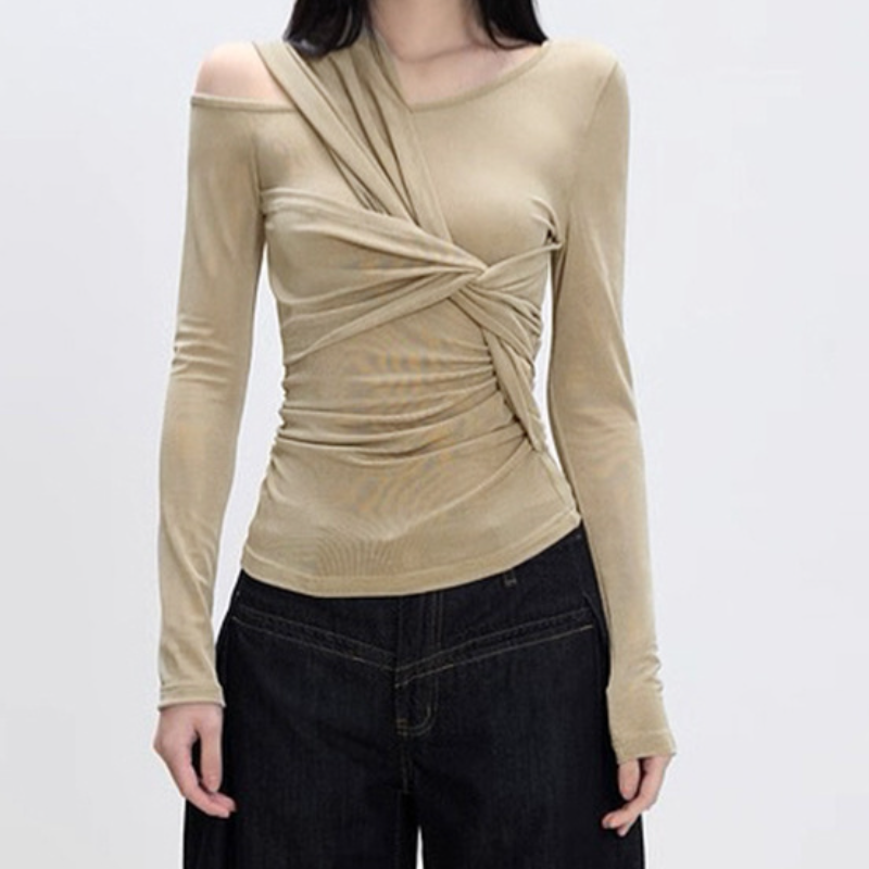 Fall Nights Out: Chic One-Shoulder Twist Front Ruched Long Sleeve Top