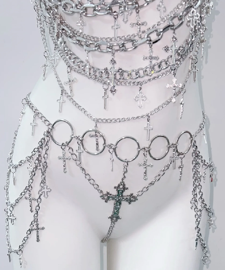 Edgy Silver Chain Halter Top | Gothic Cross Body Chain | Rave & Halloween Statement